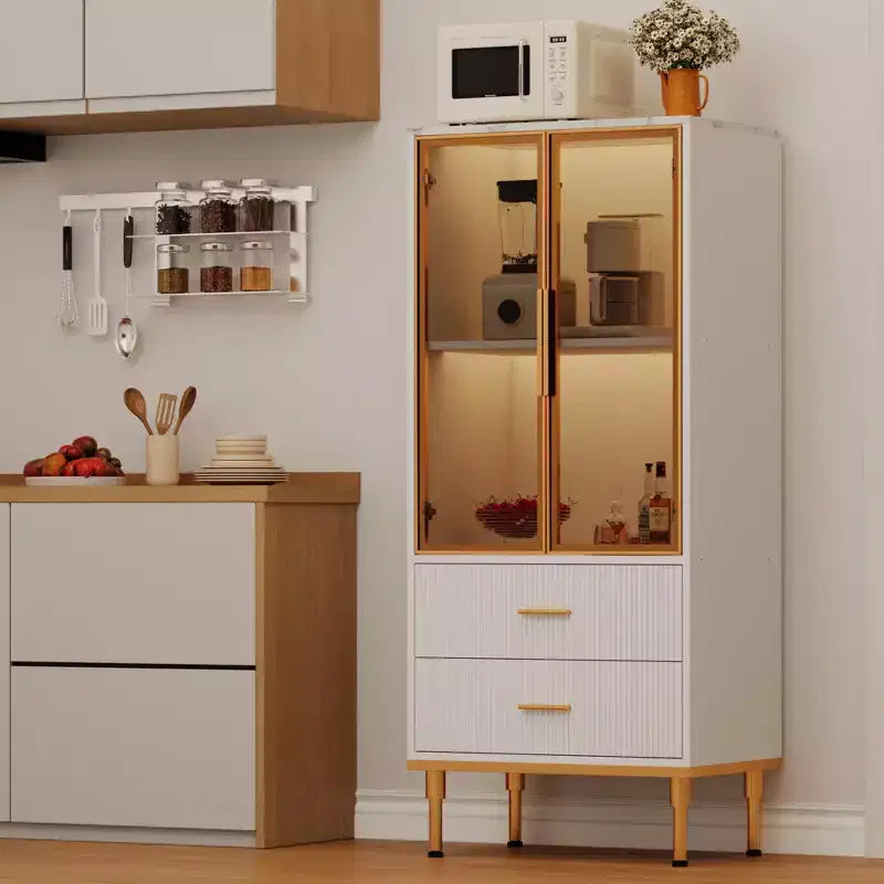 Mobile Contenitore con Ante in Vetro e 2 Cassetti – Credenza Moderna con Ripiani Regolabili