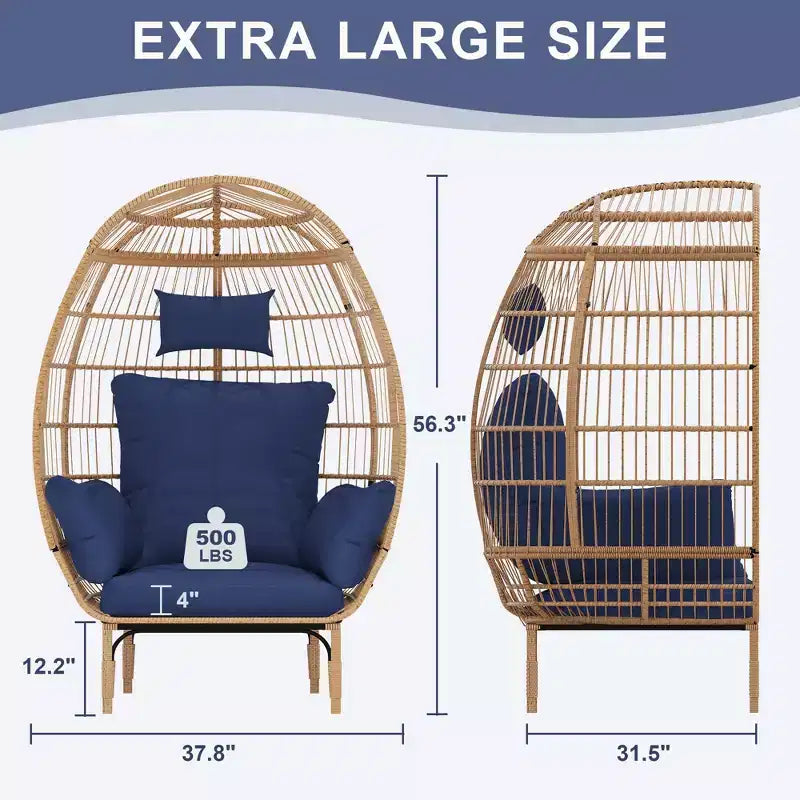 Sedia a uovo in vimini oversize – Capacità 227 kg, Rattan per tutte le stagioni con 5 cuscini