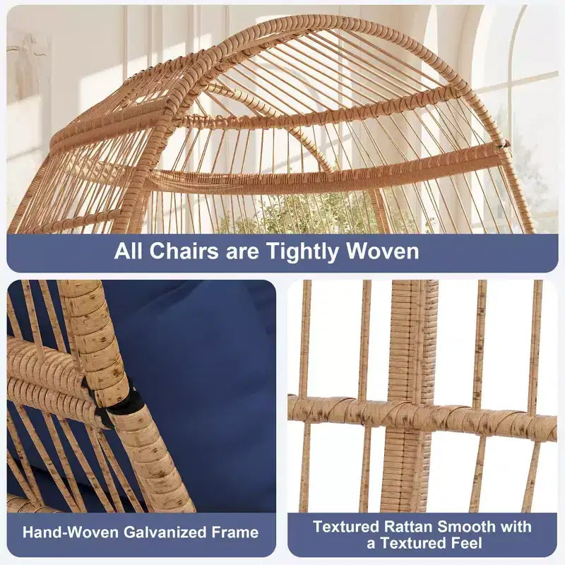 Sedia a uovo in vimini oversize – Capacità 227 kg, Rattan per tutte le stagioni con 5 cuscini