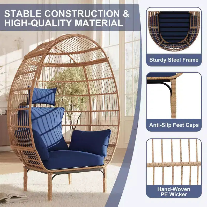 Sedia a uovo in vimini oversize – Capacità 227 kg, Rattan per tutte le stagioni con 5 cuscini
