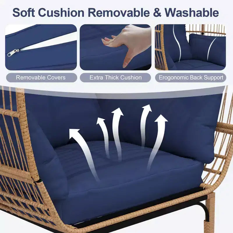 Sedia a uovo in vimini oversize – Capacità 227 kg, Rattan per tutte le stagioni con 5 cuscini