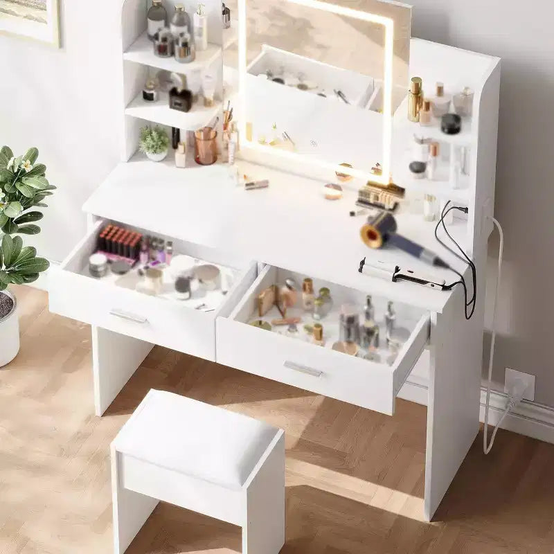 Tocador con espejo iluminado, taburete, toma de corriente y puertos USB – LED de 3 colores | Blanco