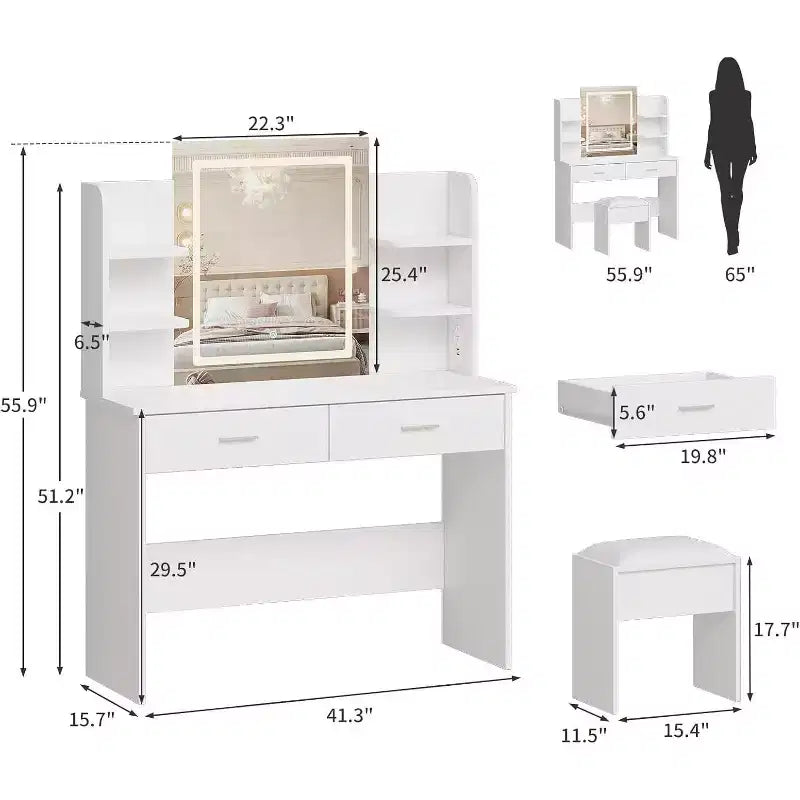 Tocador con espejo iluminado, taburete, toma de corriente y puertos USB – LED de 3 colores | Blanco