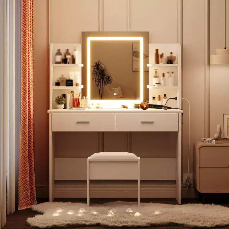 Tocador con espejo iluminado, taburete, toma de corriente y puertos USB – LED de 3 colores | Blanco