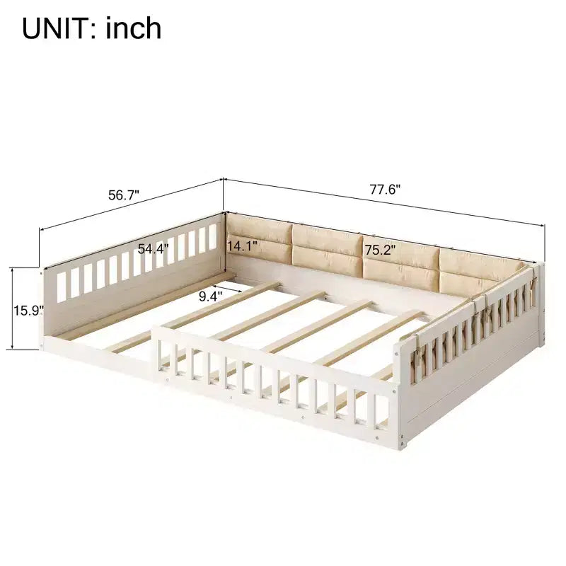 Letto a terra per bambini Full Size con recinzione di sicurezza e cuscino imbottito – Capacità 270 kg, nessuna rete a molle necessaria