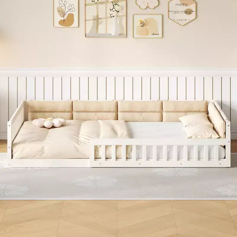 Letto a terra per bambini Full Size con recinzione di sicurezza e cuscino imbottito – Capacità 270 kg, nessuna rete a molle necessaria