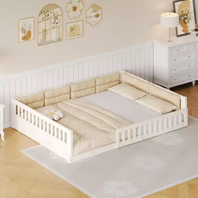 Full Size Floor Bed for Kids with Fence, Wood Floor Platform Bed Upholstered Pillow