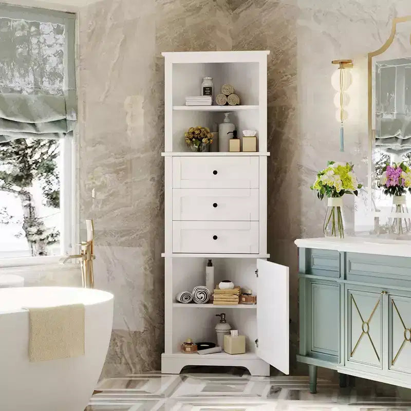 Armadietto angolare alto a triangolo bianco – 3 cassetti, ripiani regolabili e 2 ante per bagno, cucina e soggiorno