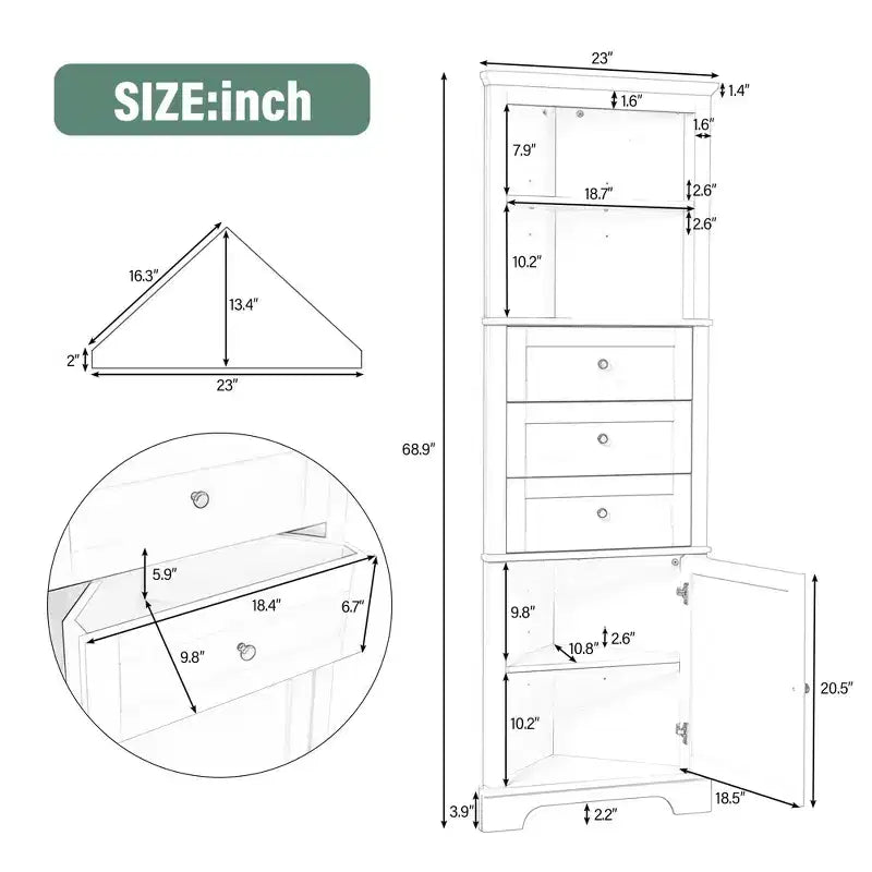 Armadietto angolare alto a triangolo bianco – 3 cassetti, ripiani regolabili e 2 ante per bagno, cucina e soggiorno