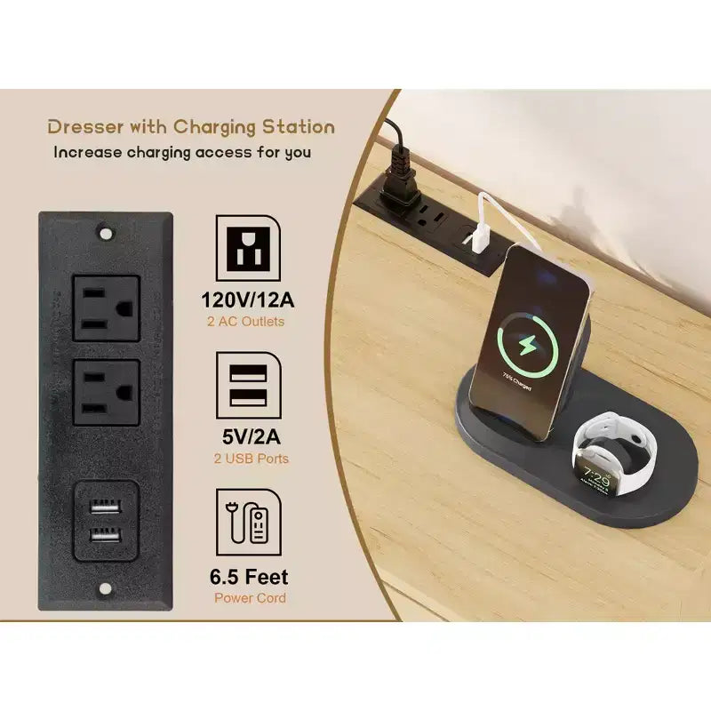 Cassettiera in Rattan con Prese di Corrente per Camera da Letto, Armadio Moderno Naturale con Maniglie e Gambe in Legno, Dotato di Kit Antiribaltamento, Rovere Naturale