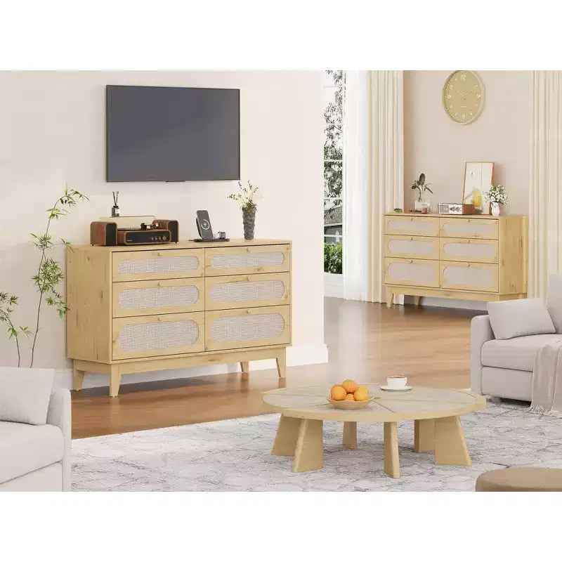 Cassettiera in Rattan con Prese di Corrente per Camera da Letto, Armadio Moderno Naturale con Maniglie e Gambe in Legno, Dotato di Kit Antiribaltamento, Rovere Naturale