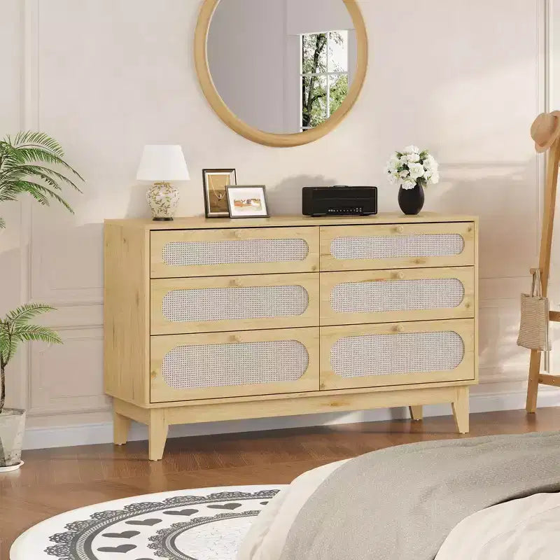 Cassettiera in Rattan con Prese di Corrente per Camera da Letto, Armadio Moderno Naturale con Maniglie e Gambe in Legno, Dotato di Kit Antiribaltamento, Rovere Naturale