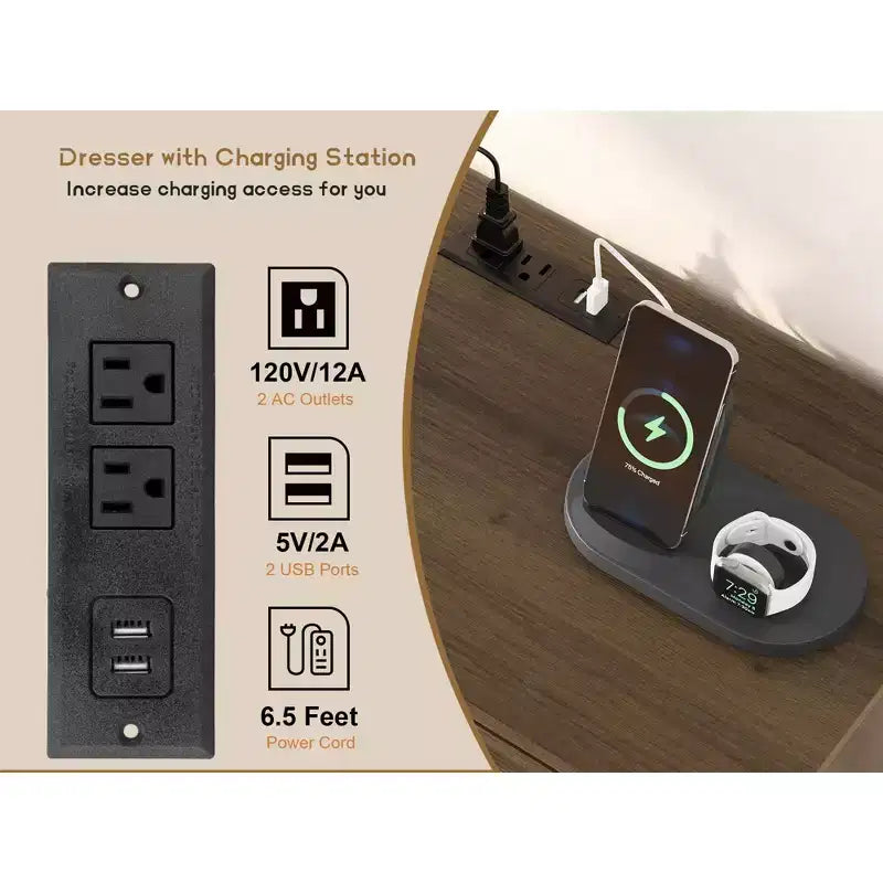 Cassettiera in Rattan con Prese di Corrente per Camera da Letto, Armadio Moderno Naturale con Maniglie e Gambe in Legno, Dotato di Kit Antiribaltamento, Rovere Naturale