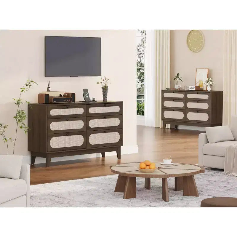 Cassettiera in Rattan con Prese di Corrente per Camera da Letto, Armadio Moderno Naturale con Maniglie e Gambe in Legno, Dotato di Kit Antiribaltamento, Rovere Naturale