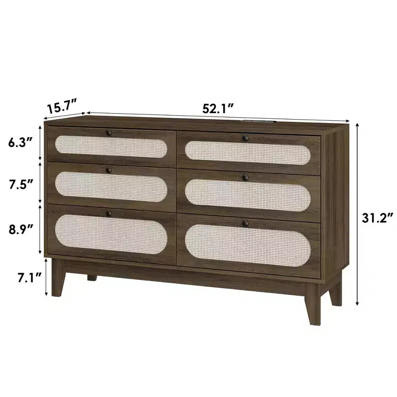 Cassettiera in Rattan con Prese di Corrente per Camera da Letto, Armadio Moderno Naturale con Maniglie e Gambe in Legno, Dotato di Kit Antiribaltamento, Rovere Naturale