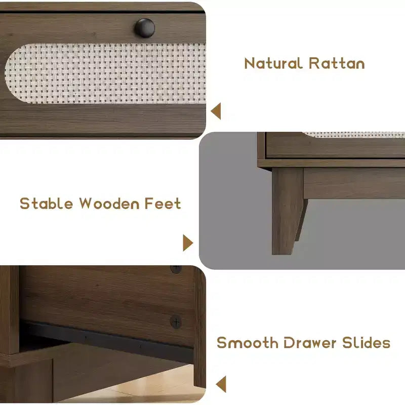 Cassettiera in Rattan con Prese di Corrente per Camera da Letto, Armadio Moderno Naturale con Maniglie e Gambe in Legno, Dotato di Kit Antiribaltamento, Rovere Naturale