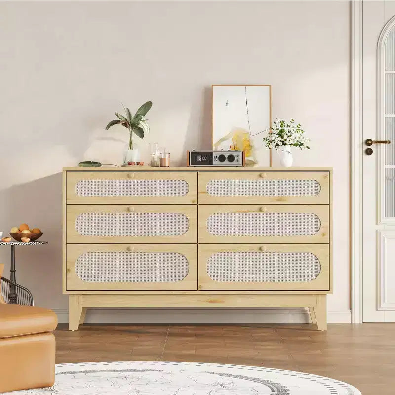 Cassettiera in Rattan con Prese di Corrente per Camera da Letto, Armadio Moderno Naturale con Maniglie e Gambe in Legno, Dotato di Kit Antiribaltamento, Rovere Naturale