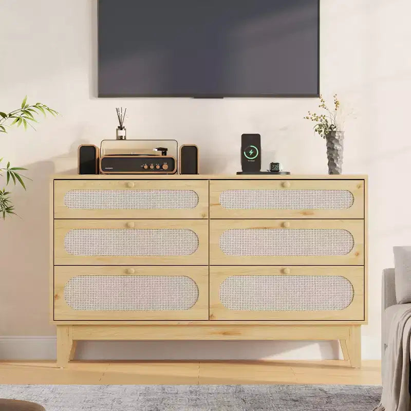 Cassettiera in Rattan con Prese di Corrente per Camera da Letto, Armadio Moderno Naturale con Maniglie e Gambe in Legno, Dotato di Kit Antiribaltamento, Rovere Naturale