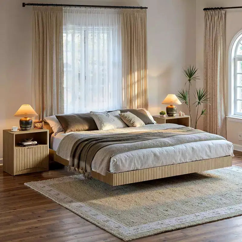Comodino scanalato, comodino in rovere naturale con cassetto e vano a giorno, comodino moderno largo 58 cm per camera da letto