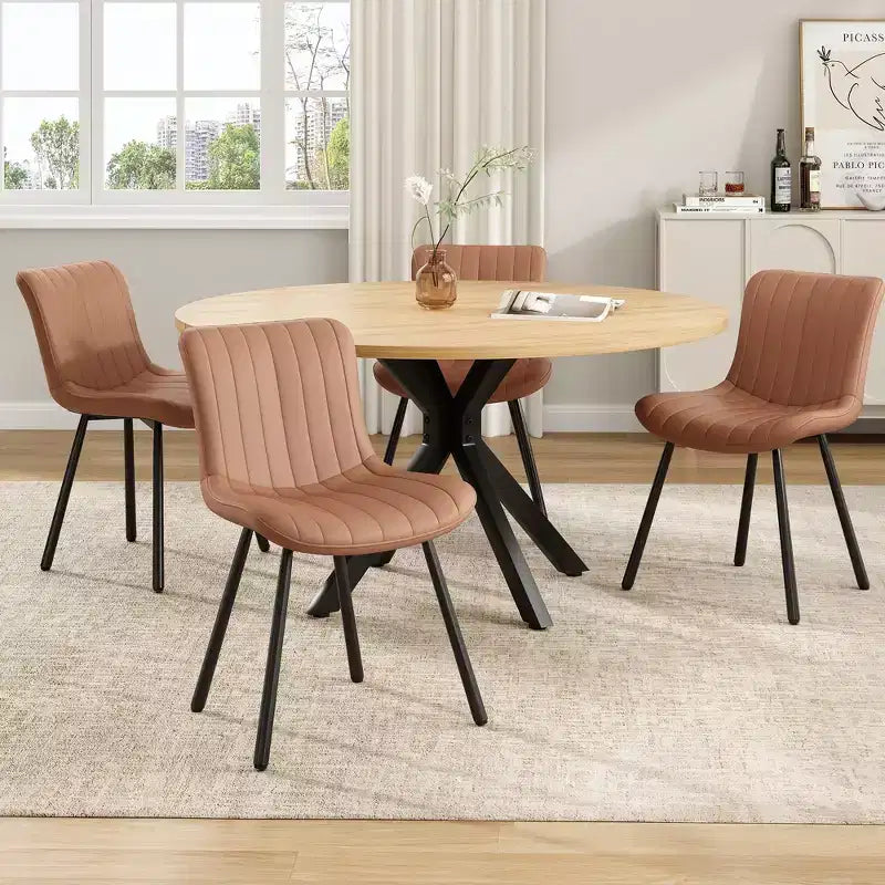 Tavolo da Pranzo Rotondo Mid-Century per 4-6 persone, Top in Legno da 120 cm con Gambe a Croce in Metallo
