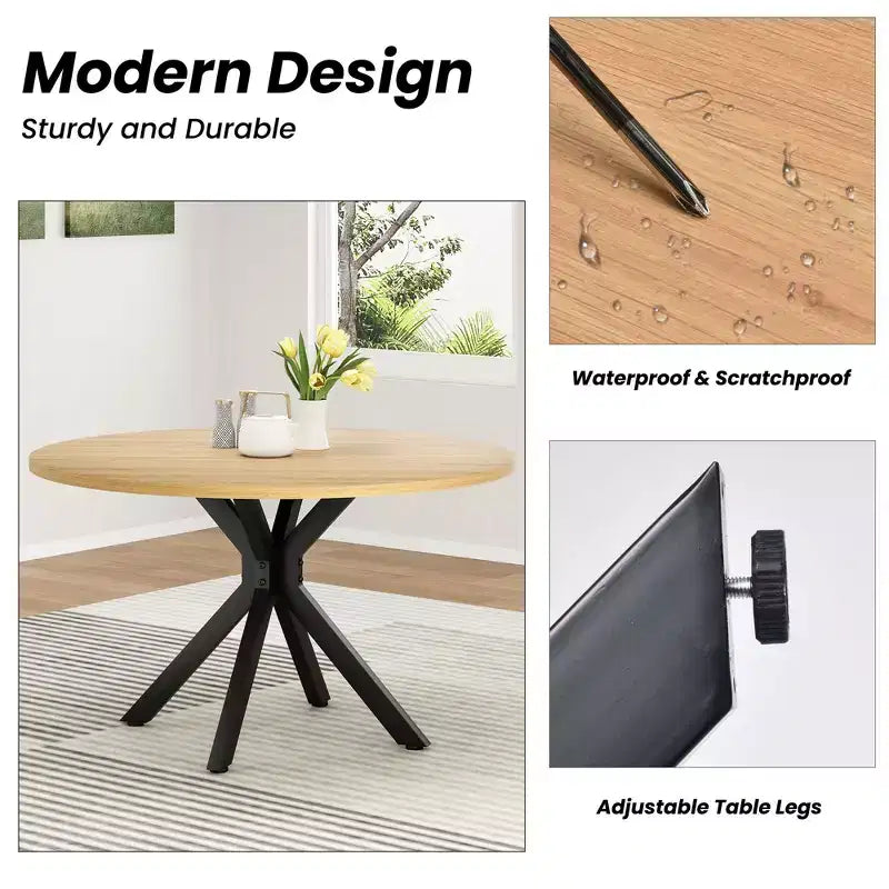 Tavolo da Pranzo Rotondo Mid-Century per 4-6 persone, Top in Legno da 120 cm con Gambe a Croce in Metallo