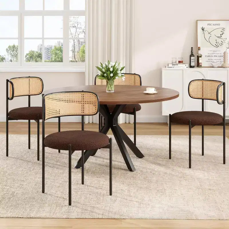Tavolo da Pranzo Rotondo Mid-Century per 4-6 persone, Top in Legno da 120 cm con Gambe a Croce in Metallo