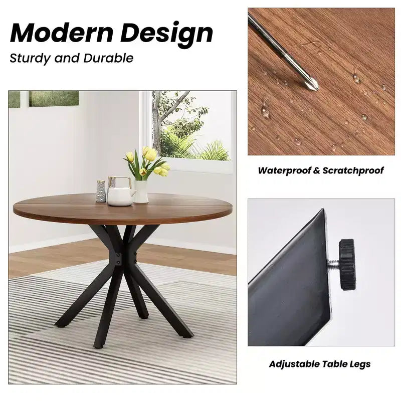 Tavolo da Pranzo Rotondo Mid-Century per 4-6 persone, Top in Legno da 120 cm con Gambe a Croce in Metallo