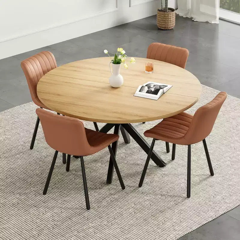 Tavolo da Pranzo Rotondo Mid-Century per 4-6 persone, Top in Legno da 120 cm con Gambe a Croce in Metallo