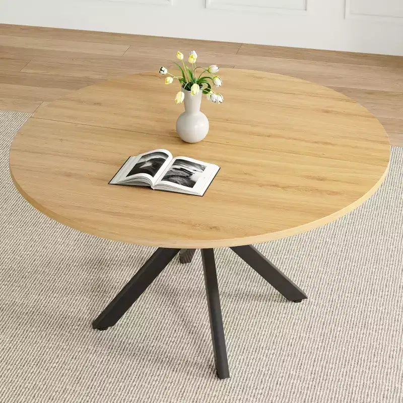 Tavolo da Pranzo Rotondo Mid-Century per 4-6 persone, Top in Legno da 120 cm con Gambe a Croce in Metallo