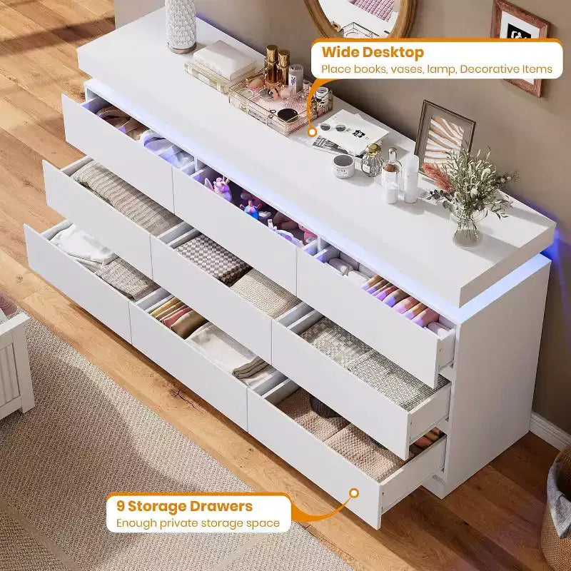 Mobile TV da 63 pollici con luci a LED e stazione di ricarica, cassettiera moderna intelligente, armadietto a 9 cassetti per camera da letto