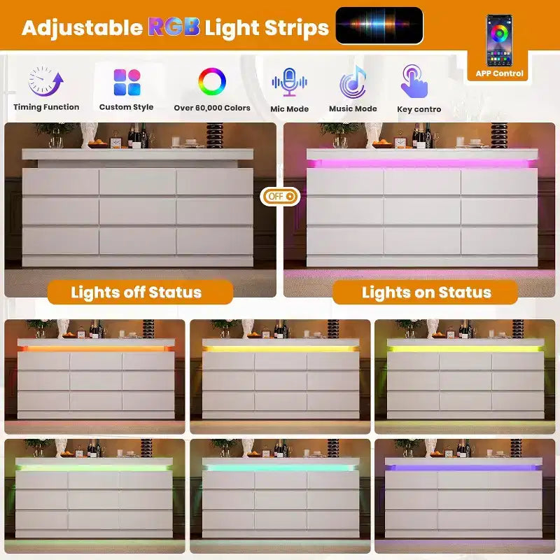 Mobile TV da 63 pollici con luci a LED e stazione di ricarica, cassettiera moderna intelligente, armadietto a 9 cassetti per camera da letto