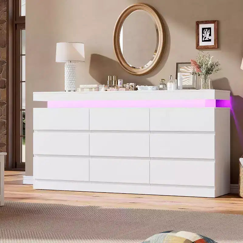Mobile TV da 63 pollici con luci a LED e stazione di ricarica, cassettiera moderna intelligente, armadietto a 9 cassetti per camera da letto