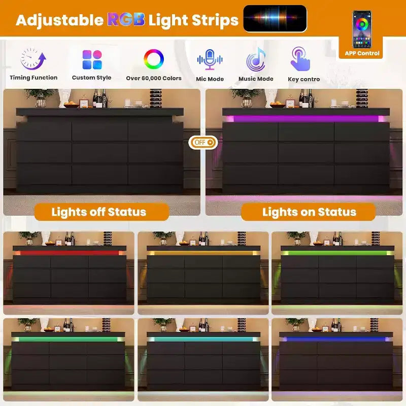 Mobile TV da 63 pollici con luci a LED e stazione di ricarica, cassettiera moderna intelligente, armadietto a 9 cassetti per camera da letto