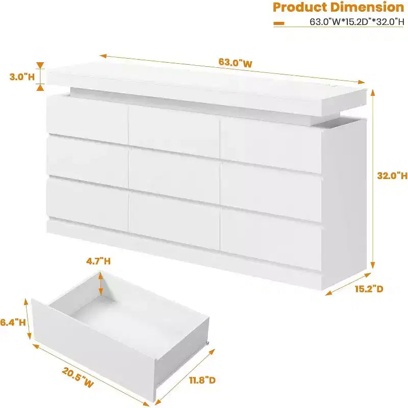 Mobile TV da 63 pollici con luci a LED e stazione di ricarica, cassettiera moderna intelligente, armadietto a 9 cassetti per camera da letto