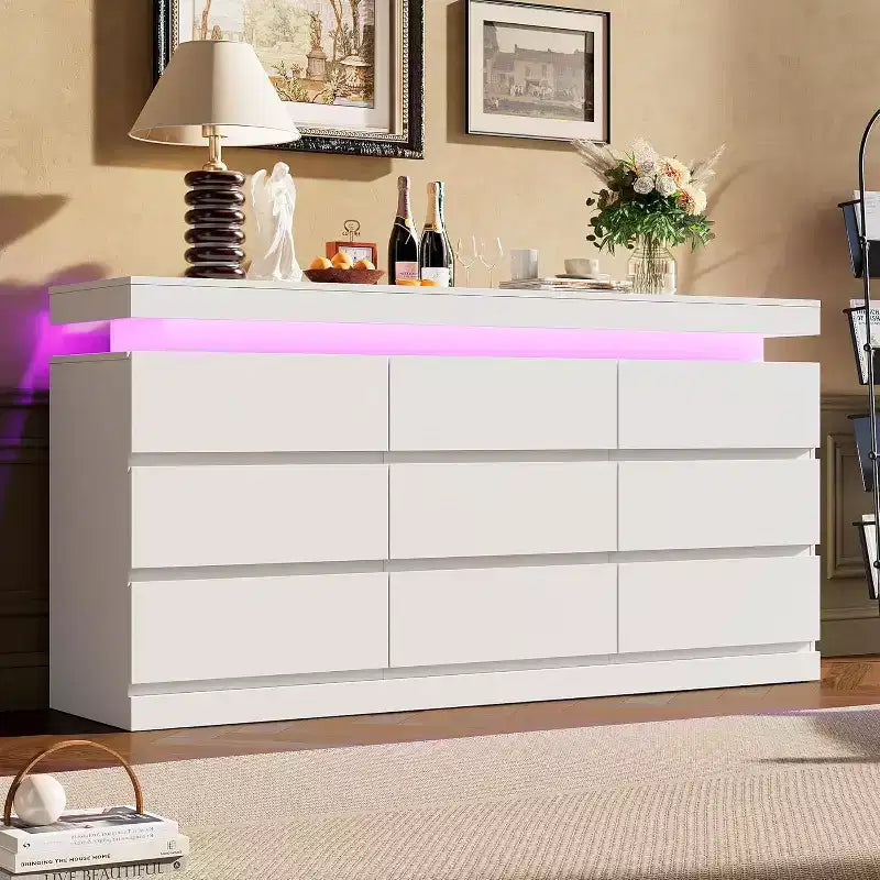 Mobile TV da 63 pollici con luci a LED e stazione di ricarica, cassettiera moderna intelligente, armadietto a 9 cassetti per camera da letto