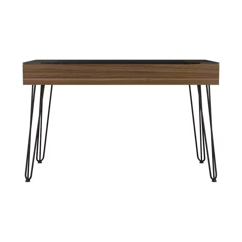 Scrivania industriale da 55" con ripiano in vetro temperato, gambe in metallo e mensola portaoggetti
