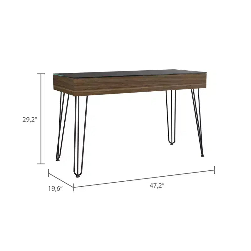 Scrivania industriale da 55" con ripiano in vetro temperato, gambe in metallo e mensola portaoggetti