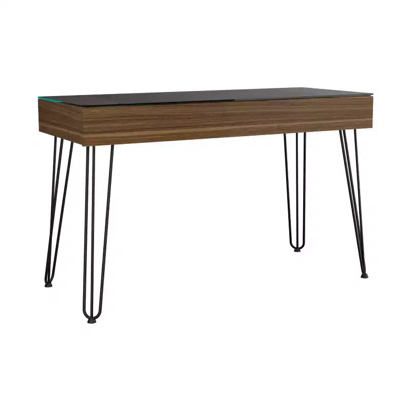 Scrivania industriale da 55" con ripiano in vetro temperato, gambe in metallo e mensola portaoggetti