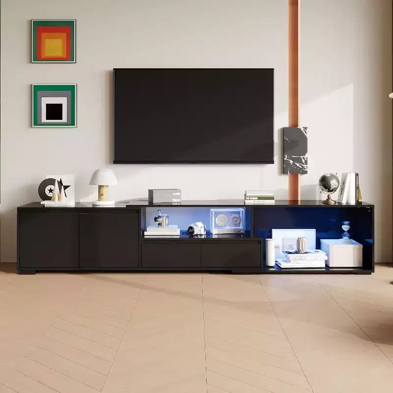 Famapy Black Extendable TV Stand with Phone-Controlled 7-Color LED Lights,2 Cabinets,2 Drawers,Living Room Media Console with Adjustable Storage