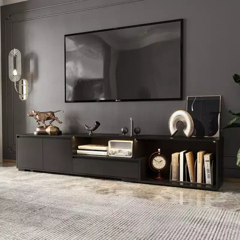Mobile TV allungabile nero con luci LED RGB, 2 ante e 2 cassetti - Adatto per TV da 55-80"