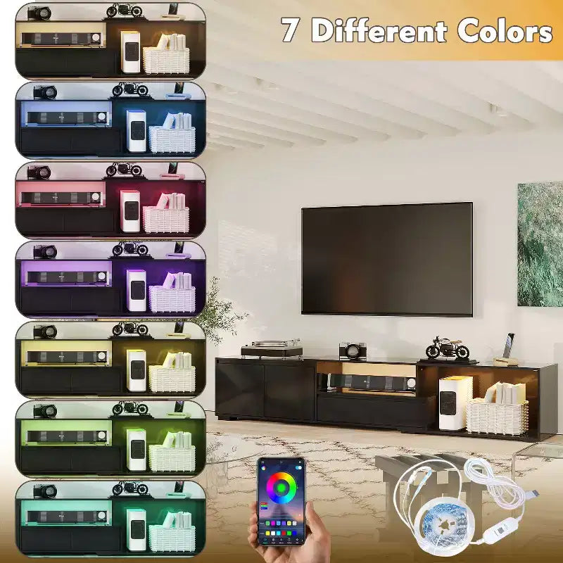 Mobile TV allungabile nero con luci LED RGB, 2 ante e 2 cassetti - Adatto per TV da 55-80"