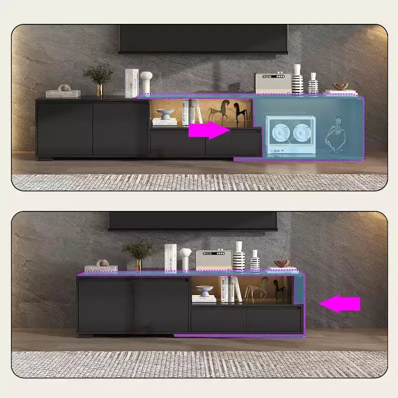 Mobile TV allungabile nero con luci LED RGB, 2 ante e 2 cassetti - Adatto per TV da 55-80"