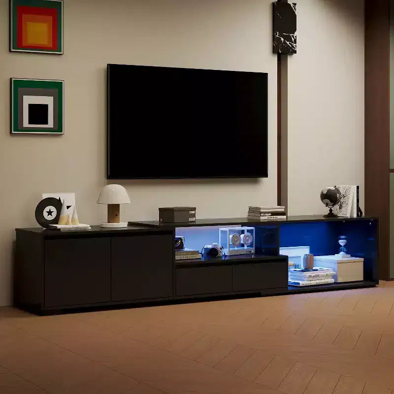 Mobile TV allungabile nero con luci LED RGB, 2 ante e 2 cassetti - Adatto per TV da 55-80"