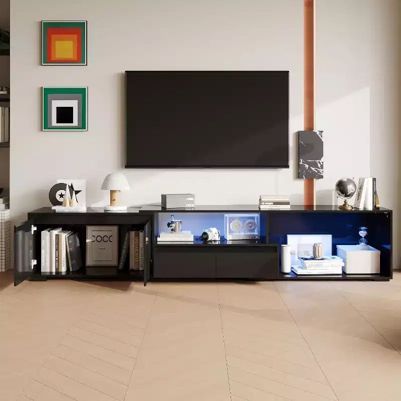 Mobile TV allungabile nero con luci LED RGB, 2 ante e 2 cassetti - Adatto per TV da 55-80"