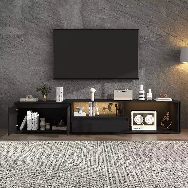 Mobile TV allungabile nero con luci LED RGB, 2 ante e 2 cassetti - Adatto per TV da 55-80"