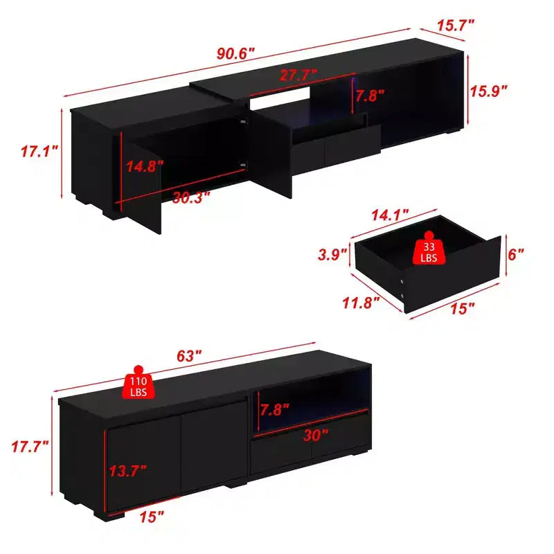 Mobile TV allungabile nero con luci LED RGB, 2 ante e 2 cassetti - Adatto per TV da 55-80"