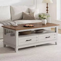 Farmhouse Coffee Table with Drawers - 47.2 in Rustic White Brown Center Table, 6 Support Legs & Open Shelf for Living Room