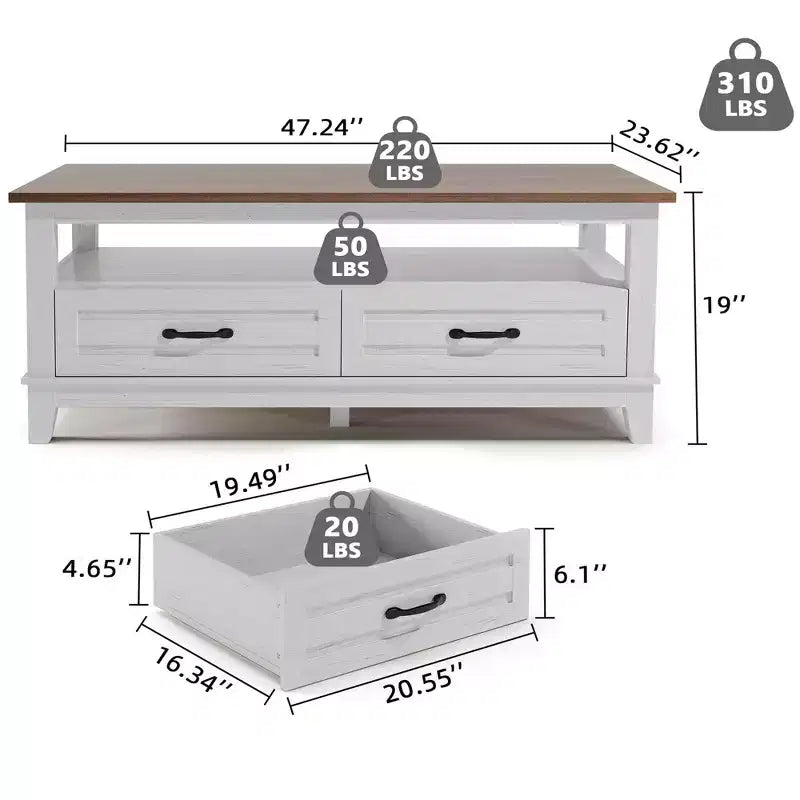 Tavolino da Caffè Rustico con Cassetti - Tavolino da Salotto 120 cm Bianco/Marrone, 6 Gambe di Supporto e Ripiano Aperto per Soggiorno