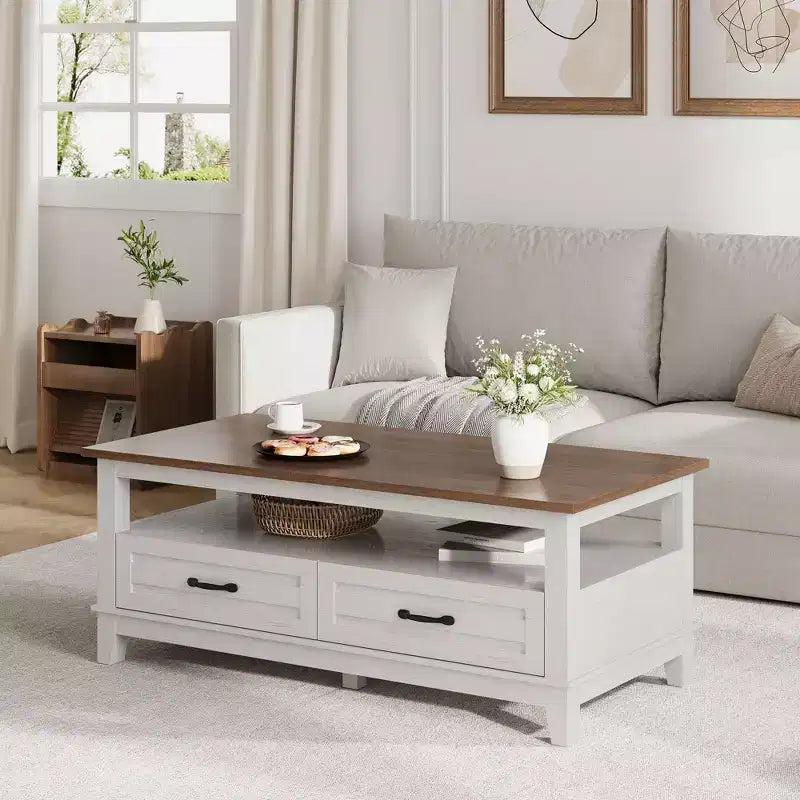 Tavolino da Caffè Rustico con Cassetti - Tavolino da Salotto 120 cm Bianco/Marrone, 6 Gambe di Supporto e Ripiano Aperto per Soggiorno