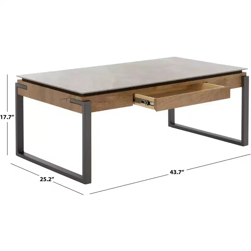 Tavolino da salotto con piano in pietra, struttura in MDF e metallo e cassetto – Nero, Marrone o Grigio